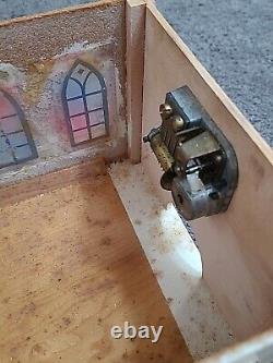 Vintage Putz Church Music Box Wood Stained Glass Windows Tall Steeple Bell 16.5