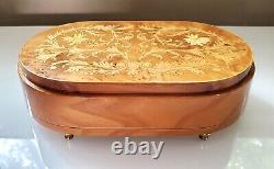 Vintage REUGE SWISS MUSIC Sunrise Sunset ITALY Wood Inlaid oval Jewelry BOX 9.2