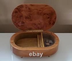 Vintage REUGE SWISS MUSIC Sunrise Sunset ITALY Wood Inlaid oval Jewelry BOX 9.2