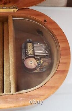 Vintage REUGE SWISS MUSIC Sunrise Sunset ITALY Wood Inlaid oval Jewelry BOX 9.2