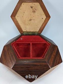 Vintage Rare Diamond Cut Shape Large Wooden Music Box with Inlay Birds Motif