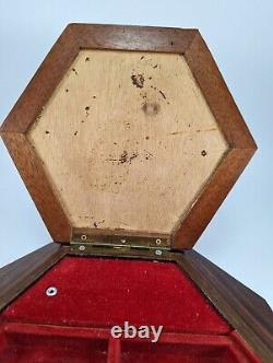 Vintage Rare Diamond Cut Shape Large Wooden Music Box with Inlay Birds Motif