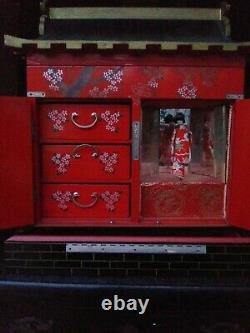 Vintage Red Laquer Japanese Pagoda Musical Jewelry Box