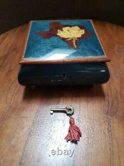 Vintage Reuge Deep Teal Wood Inlay Music Box Yellow Rose Of Texas With key