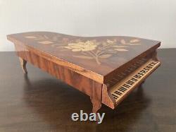 Vintage Reuge Grand Piano Wood Floral Inlay Music Jewelry Box Italy'Lady