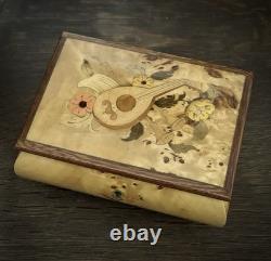 Vintage Reuge Inlaid Wood Italy Music Jewelry Box Red Sleeves Works