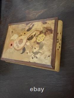Vintage Reuge Inlaid Wood Italy Music Jewelry Box Red Sleeves Works