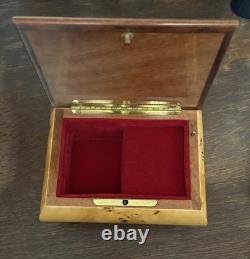 Vintage Reuge Inlaid Wood Italy Music Jewelry Box Red Sleeves Works