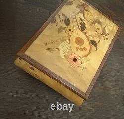 Vintage Reuge Inlaid Wood Italy Music Jewelry Box Red Sleeves Works