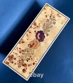 Vintage Reuge Italian Inlaid Wood Burl Music Jewelry Box Flowers