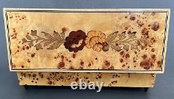Vintage Reuge Italian Inlaid Wood Burl Music Jewelry Box Flowers