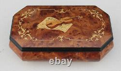 Vintage Reuge Romance Music Box Inlaid Burl Wood Violin 18 Note Jewelry Trinket