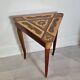 Vintage Reuge Triangular Musical Opening Wooden Side Table Marquetry Inlaid