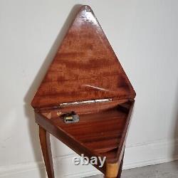 Vintage Reuge Triangular Musical Opening Wooden Side Table Marquetry Inlaid