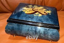 Vintage Romance Swiss Music Jewelry Box Blue Inlaid Wood Violin Design 4.5