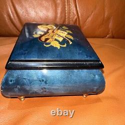 Vintage Romance Swiss Music Jewelry Box Blue Inlaid Wood Violin Design 4.5