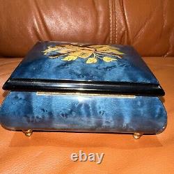 Vintage Romance Swiss Music Jewelry Box Blue Inlaid Wood Violin Design 4.5