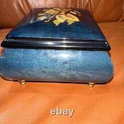 Vintage Romance Swiss Music Jewelry Box Blue Inlaid Wood Violin Design 4.5