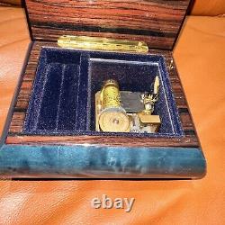 Vintage Romance Swiss Music Jewelry Box Blue Inlaid Wood Violin Design 4.5