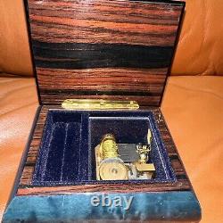 Vintage Romance Swiss Music Jewelry Box Blue Inlaid Wood Violin Design 4.5