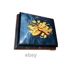 Vintage Romance Swiss Music Jewelry Box Blue Inlaid Wood Violin Design 4.5