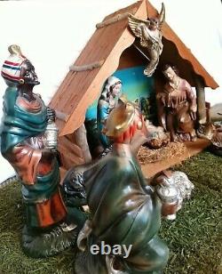 Vintage SEARS Nativity set w Music box lighted Wood Manger Japan 15 Pc Christmas