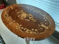 Vintage Sorrento Italian Marquetry Inlaid Wood Floral Music Box Accent Table