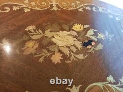 Vintage Sorrento Italian Marquetry Inlaid Wood Floral Music Box Accent Table