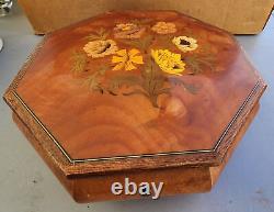 Vintage Sorrento Wood Inlaid Flowers Octagonal Trinket/Jewelry Music Box
