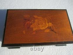 Vintage Thorens Pre-Reuge 6-Tune 41 Note Music Box in Wood Case with Inlaid Roses