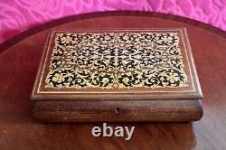 Vintage Thorens Wooden Musical Jewellery Box, Inlay Top, Draped Inside, Swiss