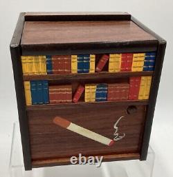 Vintage Wood Bookcase Wind Up Music Box Moving Dog Cigarette Dispenser Japan