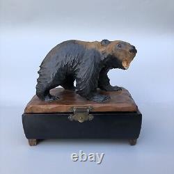 Vintage Wood Carved Black Bear Music Box Japan