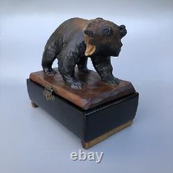 Vintage Wood Carved Black Bear Music Box Japan