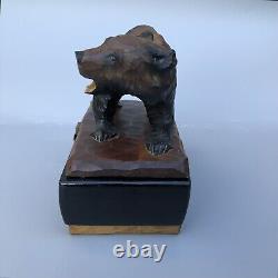 Vintage Wood Carved Black Bear Music Box Japan