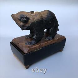 Vintage Wood Carved Black Bear Music Box Japan