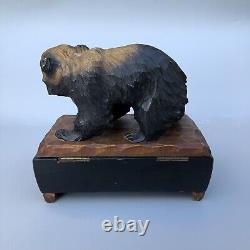 Vintage Wood Carved Black Bear Music Box Japan