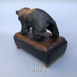 Vintage Wood Carved Black Bear Music Box Japan