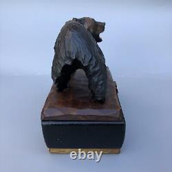 Vintage Wood Carved Black Bear Music Box Japan