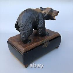 Vintage Wood Carved Black Bear Music Box Japan