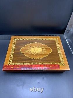 Vintage Wood Inlay Music Box Table Or Jewelry Box with Storage Plays Beautifully