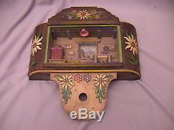 Vintage Wooden Music Box with Furniture Scene