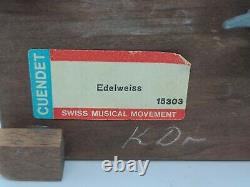 Vintage Working CUENDET Swiss Cylinder Ornate Carved Walnut Music Box EDELWEISS