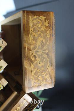 Vintage wood inlay cigarettes box dragon mythological music box