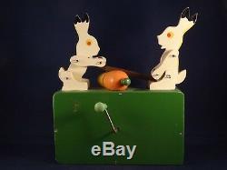 Vintage wood toy music box rabbits sawing a carrot 60's 70's Very good cond