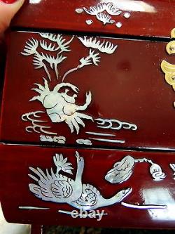 Vntge MUSICAL DK Red Lacquer Oriental Jewelry Chest Box MOTHER OF PEARL/ ABALONE