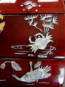 Vntge MUSICAL DK Red Lacquer Oriental Jewelry Chest Box MOTHER OF PEARL/ ABALONE