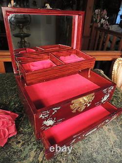 Vntge MUSICAL DK Red Lacquer Oriental Jewelry Chest Box MOTHER OF PEARL/ ABALONE