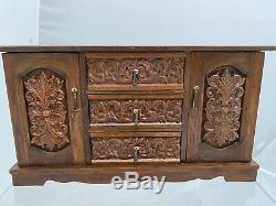 Vtg 60's Large Wood Carved Jewelry Box Musical by Royal Sealey Japan 15 long