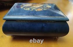 Vtg Blue Italian Inlaid Wood Jewelry & Music Footed Box Plays Edelweiss